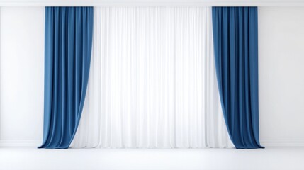 Poster - Blue and White Curtains in a Minimalist Room Interior