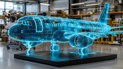 Poster - Holographic airplane design, factory background