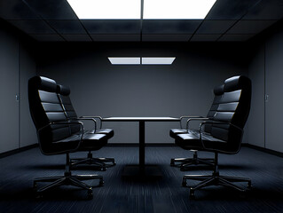 Poster - Dark conference room, empty chairs, meeting table, negotiation