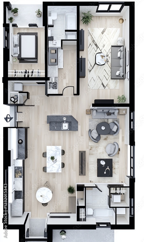 Modern apartment floor plan with open living, dining, and kitchen area ...