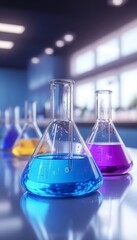 Poster - laboratory glassware with colorful chemical liquids, science experiment, research concept