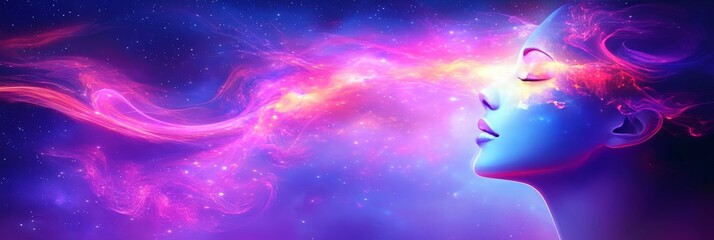 Poster - Digital Consciousness. Flowing Energy Particles Emanating From A Face Profile In Cosmic Space