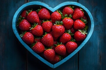 Wall Mural - Fresh Strawberries in a Heart-Shaped Bowl on Rustic Wooden Background