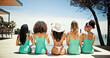 © peopleimages.com - Bachelorette, beach resort and pool with friends outdoor together for summer holiday or vacation. Back, hotel or luxury with woman in bikini and bridesmaids poolside for accommodation or hospitality
