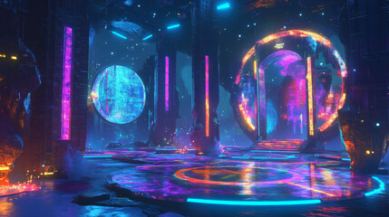 Poster - Futuristic digital portals with neon glow and hologram effect. Magic circle and square podiums, fantasy teleport platforms with color light beams and sparkles, vector realistic set