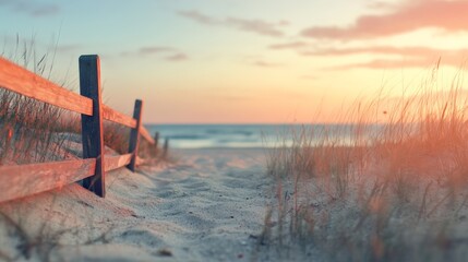 Aufkleber - Soft, warm light illuminates beach grass and a wooden fence bordering a sandy path leading towards the ocean at sunset, creating a serene and inviting coastal scene