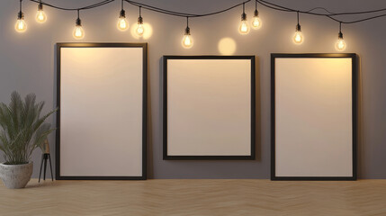 Poster - Realistic black modern photo frame set with lights isolated on transparent background. can be used for presentations and photos mock up. Vector illustration. EPS 10.