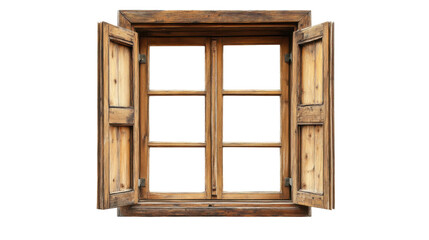 Poster - Old wooden window frame with open shutters on transparent background
