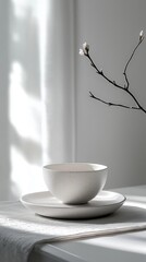 Poster - Soft natural light cascades across a minimalist white ceramic surface, highlighting a simple bowl and plate. A delicate branch adds a touch of organic beauty, enhancing the tranquil atmosphere