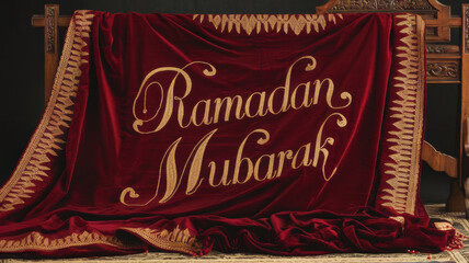 Elegant red velvet fabric with Ramadan Mubarak embroidered in gold for festive celebration decor