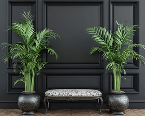 Canvas Print - Elegant black wall, ornate bench, potted palms.