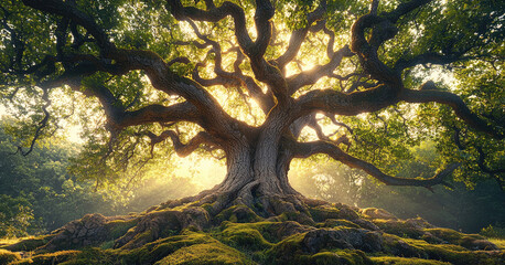 Poster - A towering ancient oak tree with a massive, gnarled trunk, twisting roots burrow deep into the earth, sprawling across the mossy forest floor. Its sprawling branches stretch outward.