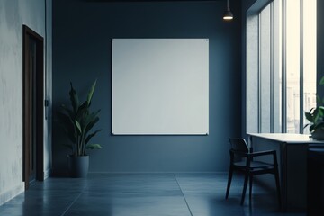 Wall Mural - Modern office interior with blank poster, plants, chairs, and large window.