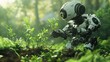 © aiora.std - A futuristic robot carefully tending to young plants in a lush, green forest, showcasing the harmony between technology and nature, with soft sunlight filtering through the trees in the background