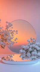 Poster - At twilight, a minimalist mirrored podium stands gracefully, reflecting a vibrant sunset while surrounded by delicate white roses, creating a serene and romantic atmosphere