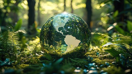 Aufkleber - Floating glass earth globe sphere in lush green tropical forest.