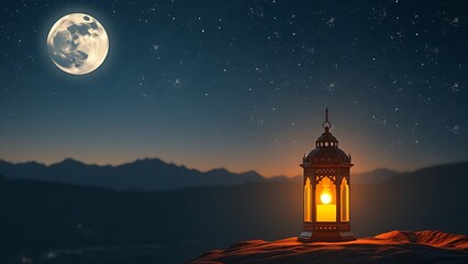 ramadan moonlit scene lantern, mountains, stars