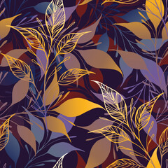 Wall Mural - Herbal boho leaves hand drawn seamless pattern. Autumn background. Vector tile for textile design, wrapping paper, decoration, web, social media