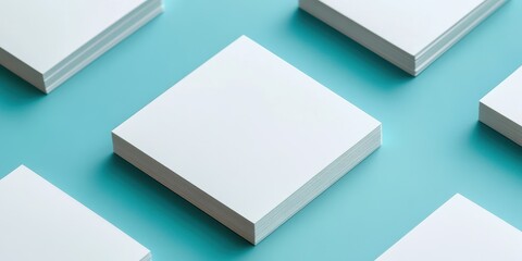 Minimalist blank notepads arranged on a turquoise background for creative design.