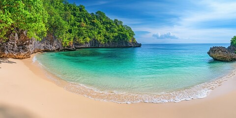 Wall Mural - serene beach with crystal clear water and lush green hills under a clear blue sky.