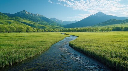 Poster - The vast field, new green grass sprouts, distant mountains covered with light green, willows by the stream with new branches, stream flowing.