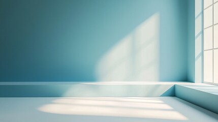 Aufkleber - A soothing pastel blue gradient fills a spacious room, where soft sunlight filters through a large window, casting delicate shadows on the clean, minimalist surfaces