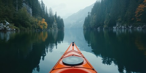 Wall Mural - Serene view from a kayak gliding through a peaceful mountain lake.