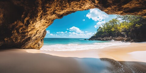 Wall Mural - Stunning beach view from a cave, showcasing sand, ocean, and bright blue sky.