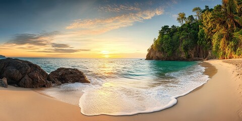 Wall Mural - Stunning sunset over a serene beach with gentle waves and lush greenery.