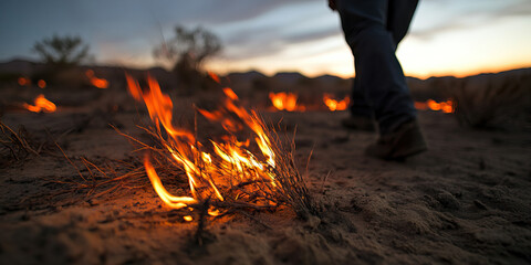 Wall Mural - Burning Brush and Person at Sunset