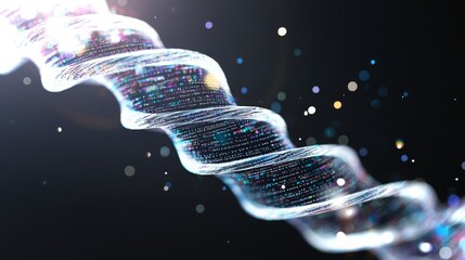 Poster - Captivating visual of swirling data strand with vibrant particles in a dark background