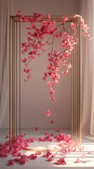 Poster - A stunning gold wireframe podium stands gracefully in an elegantly lit space, embellished with delicate pink flowers cascading down, creating a tranquil ambiance perfect for peaceful reflections
