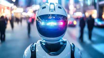 Poster - Futuristic robot with illuminated visor in a vibrant urban setting at night