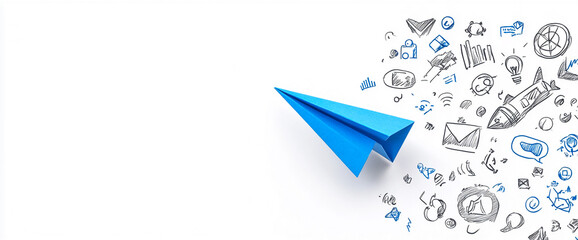 Poster - Blue paper airplane surrounded by hand-drawn sketches of digital icons and symbols on a white desk, representing creativity, communication, and innovation in business.