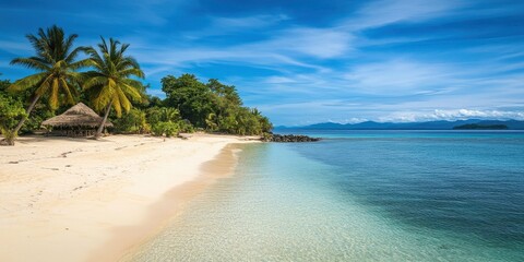 Wall Mural - A serene beach scene featuring palm trees, clear water, and a stunning blue sky.