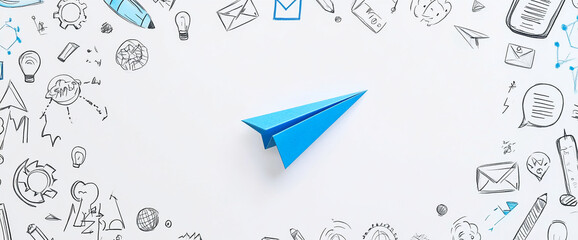 Poster - A blue paper airplane surrounded by hand-drawn digital and business icons on a white background, symbolizing innovation, creativity, and communication in the modern business world.