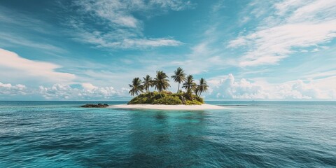 Wall Mural - A serene tropical island surrounded by crystal clear water and vibrant clouds.