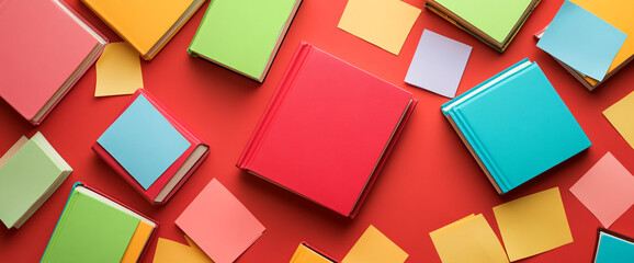 Fototapete - Colorful books and sticky notes scattered on a red background, symbolizing creativity, organization, and learning, with free space for text or advertising. Top View.
