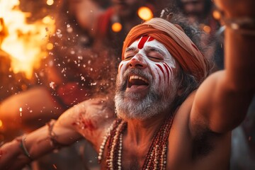 Wall Mural - Naga sadhu dancing with ashes at kumbh mela festival in india