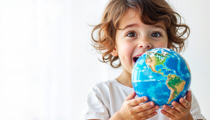 Smiling Girl Holding Globe for geography lessons, travel blogs, kids' environmental education, world studies projects, earth day, kindergarten, international relations