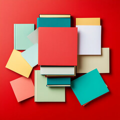 Fototapete - A flat lay image of colorful books and paper sheets scattered over a red background. The image represents the concept of organization, study, education, or creative workspace.