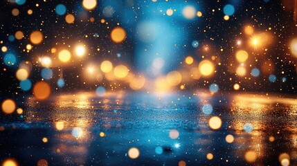 Aufkleber - Blurred lights of a night city with reflections on wet asphalt, dark blue and gold tones, atmospheric and modern background.