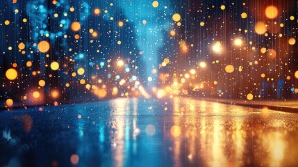 Aufkleber - Blurred lights of a night city with reflections on wet asphalt, dark blue and gold tones, atmospheric and modern background.