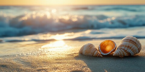 Wall Mural - beautiful seashells on a sandy beach at sunset, with gentle waves in the background.
