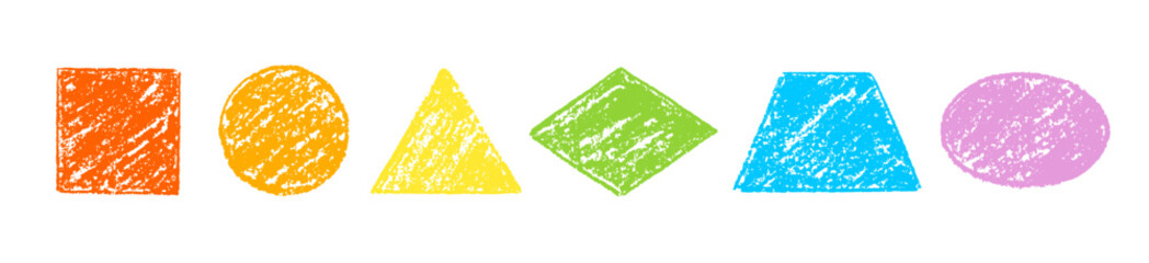 Aufkleber - Color figure with pencil texture. Kid shape set with circle, square, oval, triangle, trapezoid, rhombus. Pastel crayon paint background. Doodle vector geometric figure bg. Child shape in rainbow color