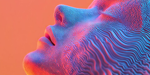 Poster - digital render of textured face in pink and blue