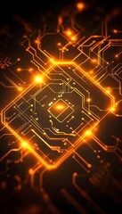 Poster - glowing orange circuitry, central processing unit a futuristic technology background