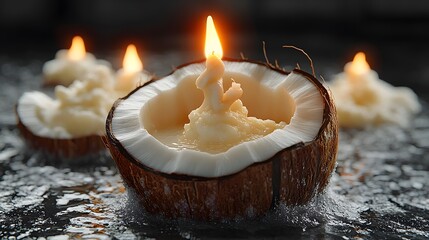 Poster - 3d blended digital image showcasing a coconut cut in half where the milk forms a graceful woman holding a candle captured in stunning detail with a dark minimalistic background