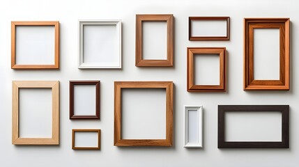 Aufkleber - Assorted wooden photo frames and artwork hung on the wall in a cozy modern home interior design  Empty frames in various sizes colors and styles create a stylish gallery wall display