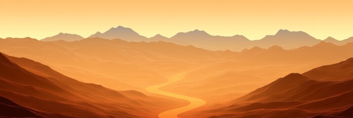 Poster - Golden light bathes the desert landscape, illuminating a winding road snaking its way through the valley, surrounded by majestic mountains under a warm, setting sun